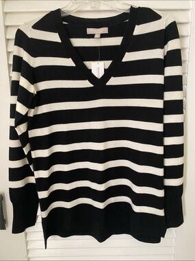 Banana Republic Black and White Striped V-Neck Sweater